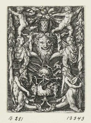 Ornament mit Maske zwischen Satyrpaar, zwei Phantasiewesen und zwei Kindern