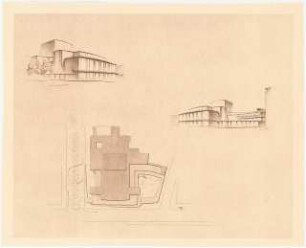 Deutsche Oper, Berlin-Charlottenburg: (Lichtpause von Inv.Nr. 35833): Perspektivische Ansichten Straßenfront und Lageplan