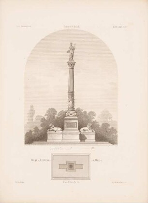 Siegesdenkmal, Halle/Saale: Grundriss, Ansicht (aus: Architektonisches Skizzenbuch, H. 125/2 1874)