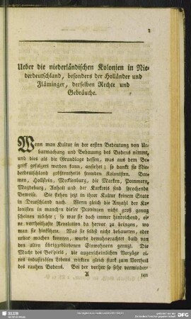 Ueber die niederländischen Kolonien in Niederdeutschland, besonders der Holländer und Fläminger, derselben Rechte und Gebräuche
