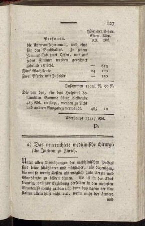 2) Das neuerrichtete medizinische chirurgische Institut zu Zürich.