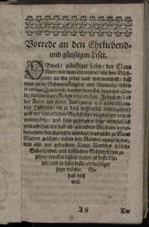 Vorrede an den Ehrliebend- und günstigen Leser.