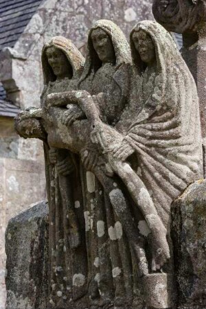 Frankreich. Bretagne. Finistere. Brasparts. Eglise Notre Dame de la Pitie. 16 Jahrhundert. Umfriedeter Pfarrhof. Calvaire. Detail