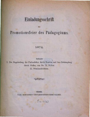 Einladungsschrift zur Promotionsfeier des Pädagogiums in Basel. 1874