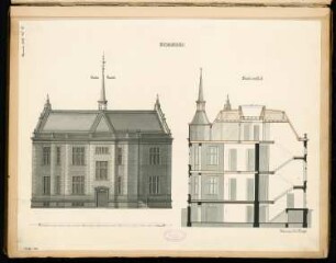 Villa Monatskonkurrenz November 1886: Aufriss Rückansicht (Eingangsseite), Querschnitt; Maßstabsleiste