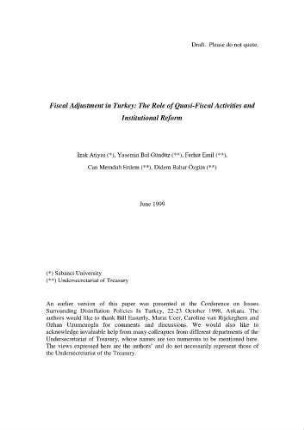 Fiscal Adjustment in Turkey: The Role of Quasi-Fiscal Activities and Institutional Reform