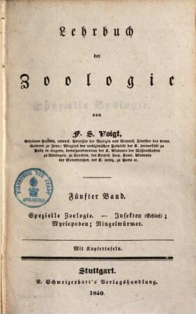 Lehrbuch der Zoologie, 5. Spezielle Zoologie: Insekten (Schluß), Myriopoden, Ringelwürmer