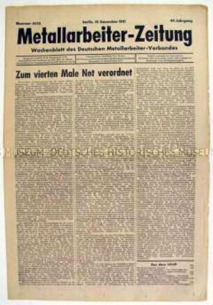 Wochenzeitung des Deutschen Metallarbeiter-Verbandes u.a. zur vierten Notverordnung