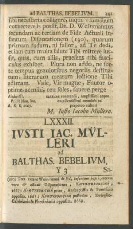 LXXXII. Iusti Iac. Mülleri ad Balthas. Bebelium
