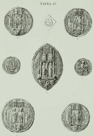 Siegel der Bischöfe von Meißen um 1400-1518 : Meißen:, 1. Siegel des Bischof Thimo (+1410), 2. Siegel des Bischof Johann IV. (Johannes Hoffmann von Schweidnitz, +1451) & 3. Kleineres und Rücksiegel des Bischof Johann IV (+1451) & 4. Siegel des Bischof Caspar (+1463) & 5. Kleineres Siegel des Bischof Dietrich (+1476) & 6. Siegel des Bischof Johann V. (+1487) & 7. Kleineres Siegel des Bischof Johann V. (+1487) & 8. Siegel des Bischof Johann VI. (+1518). Tafel 4 aus: Gersdorf, E. C. (Hg.): Urkundenbuch des Hochstifts Meißen, 1. Bd., Leipzig 1864