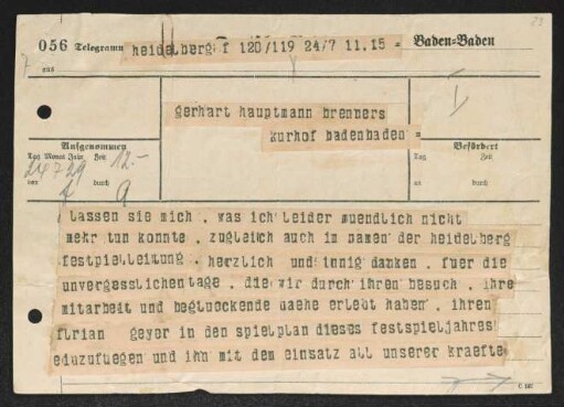 Brief von Rudolf K. Goldschmit-Jentner an Gerhart Hauptmann
