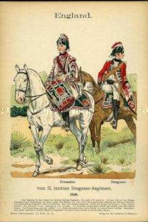 Uniformdarstellung, Tambour und Gemeiner des 15. Dragoner-Regiments, Königreich Großbritannien, 1760.