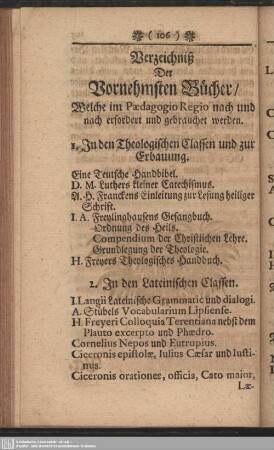 Verzeichniß Der Vornehmsten Bücher, Welche im Paedagogio Regio nach und nach erfordert und gebrauchet werden
