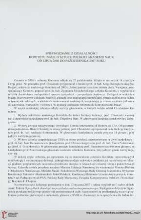 32: Sprawozdanie z działalności Komitetu Nauk o Sztuce Polkskiej Akademii Nauk od Lipca 2006 do października 2007 roku