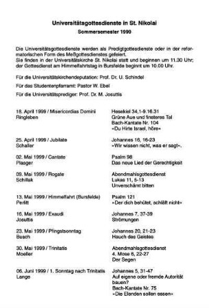 Universitätsgottesdienste in St. Nikolai Sommersemester 1999