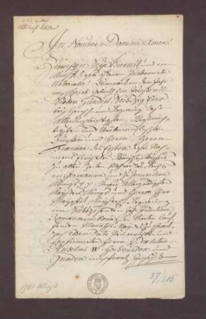 Notariats-Instrument über die von baden-badischer Seite vorgenommene Vorstellung des Abts Anselm des Klosters Schwarzach in den Abtsstäben Schwarzach und Vimbuch