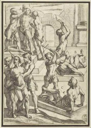 Zerstückeln, Schlagen, Abziehen der Gesichtshaut und Brandmarken (Illustration 127 der Serie der Martyrien der frühen Christen)