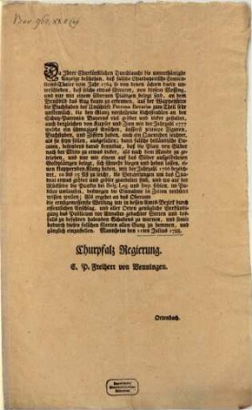 Da Ihrer ... Durchlaucht die unterthänigste Anzeige beschehen, daß falsche Churbayerische Conventions-Thaler vom Jahr 1764 ...ausgefallen; ... : Mannheim den 11ten Julius 1788