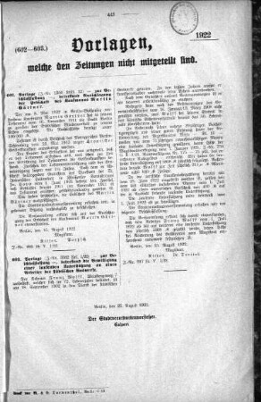 Anlage: (602-603.), Vorlagen, welche den Zeitungen nicht mitgeteilt sind, 25. August 1922