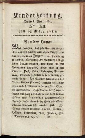 Kinderzeitung. Drittes Vierteljahr. Nro. XII. vom 19. März. 1781.