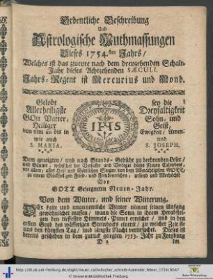 Ordentliche Beschreibung Und Astrologische Muthmassungen Dieses 1754sten Jahrs.