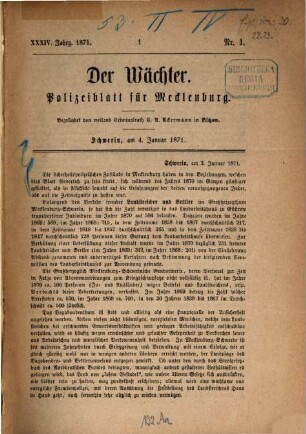 Der Wächter : Polizeiblatt für Mecklenburg, 1871, Nr. 1 - 46 = Jan. - Juni