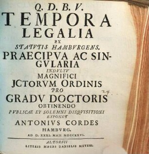 Tempora legalia ex statutis Hamburgens. praecipua ac singularia