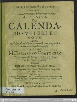 Exercitationum astronomicarum appendix de calendario veteri et novo