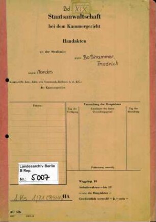 Strafverfahren gegen Friedrich Boßhammer (*20.12.1906, +17.12.1972) u.a. wegen der Beihilfe zum Mord im Rahmen der "Endlösung der Judenfrage", insbesondere aufgrund der Deportation und Ermordung von mindestens 3336 Juden aus Italien, die er als Leiter des Judenreferats IV B 4 des BdS (Befehlshaber der Sicherheitspolizei und des SD) in Verona ab 1944 als Mittäter durchführte