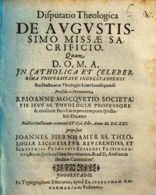 Disputatio Theologica De Avgustissimo Missae Sacrificio