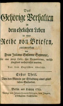 Das Gehörige Verhalten in dem ehelichen Leben in einer Reihe von Briefen