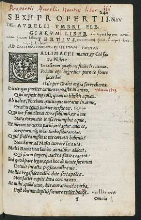 Sex. Propertii Aurelii Umbri Elegiarum Liber Tertius.