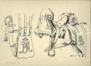 Uniformdarstellung, Detailstudie Säbel, Satteltasche, Sattel der Husaren-Regimenter, Königreich Bayern, 1813/1822. Beiblatt 2 zu Tafel III aus: Müller/Braun: Königl. Bayerische Armee.