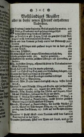 Vollständiges Register aller in dieser neuen Chronik enthaltener Nachrichten.