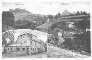 Schöna (Reinhardtsdorf-Schöna). Ortsteilansicht mit Kaiserkrone und Zirkelstein. Blick nach Südost