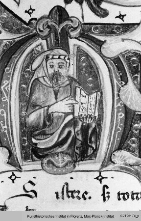 Achilleus : Buchseite mit ornamentierter Randbordüre, eingeschlossenem Wappen, Text, ornamentierter Initiale S und historisierter Initiale M mit dem Porträt des Statius