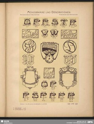 Dekorationen [Schilder], Embleme [Uhrmacher], Namen als Monogramm