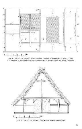 Abb. 1: Otter Nr. 16 "Mattens" Kleinkötnerhaus, Grundriß. ... Abb. 2: Otter Nr. 16 "Mattens", Großtürwand, teilweise rekonstruktiv.