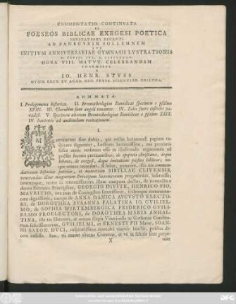 Commentatio Continvata De Poeseos Biblicae Exegesi Poetica : Invitationi Decenti Ad Panegyrin Sollemnem Svb Initivm Anniversariae Gymnasii Lvstrationis D. XXVIII. Ivl. A. MDCCLV. ... Celebrandam Praemissa A. Io. Henr. Stvss Gymn. Rect. Et Acad. Reg. Prvs. Scientar. Collega