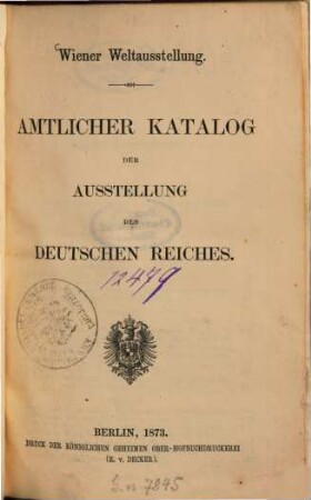 Amtlicher Katalog der Ausstellung des Deutschen Reiches