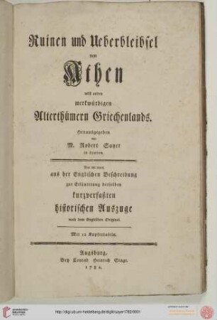 Ruinen und Ueberbleibsel von Athen nebst andern merkwuerdigen Alterthuemern Griechenlands