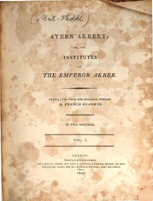 Ayeen Akbery or the institutes of the emperor Akber, 1