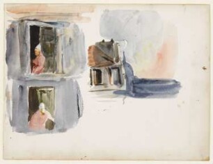 Zwei Studien eines geöffneten Fensters mit einem Mann im roten Schlafrock mit Zipfelmütze, Blick auf die Kuppel des Invalidendoms gegen den Abendhimmel mit Mondsichel, aus: "Bremer Skizzenbuch"