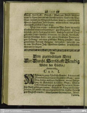 Von dem gegenwärtigen Krieg Der Durchl. Herrschaft Venedig Wieder den Türcken, Anno 1684
