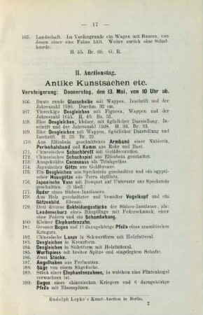 II. Auctionstag. Antike Kunstsachen etc. Versteigerung: Donnerstag, den 13. Mai, von 10 Uhr ab