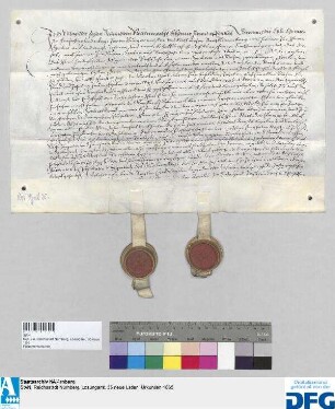 Magister Johan Schmid von Neuenmarkht tritt auf sechs Jahre als Syndikus in die Dienste Nürnbergs. - Siegler: Christoph Held und Hieronymus Fetzer.