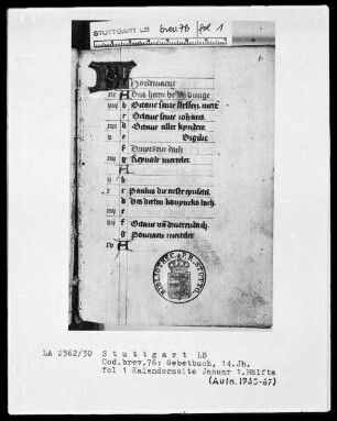 Niederdeutsches Stundenbuch (Lüning-Bergheim-Gebetbuch) — Kalenderseite, Januar, 1. Hälfte, Folio 1recto