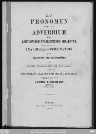 Das Pronomen und das Adverbium des babylonisch-talmudischen Dialektes
