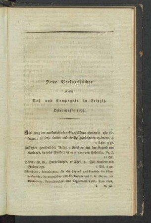 Neue Verlagsbücher von Voß und Compagnie in Lepizig. Ostermesse 1798