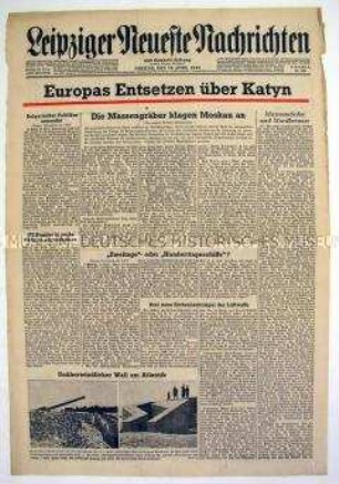 Titelblatt der Tageszeitung "Leipziger Neueste Nachrichten" zum Massaker von Katyn (Schlagzeile: "Europas Entsetzen über Katyn")